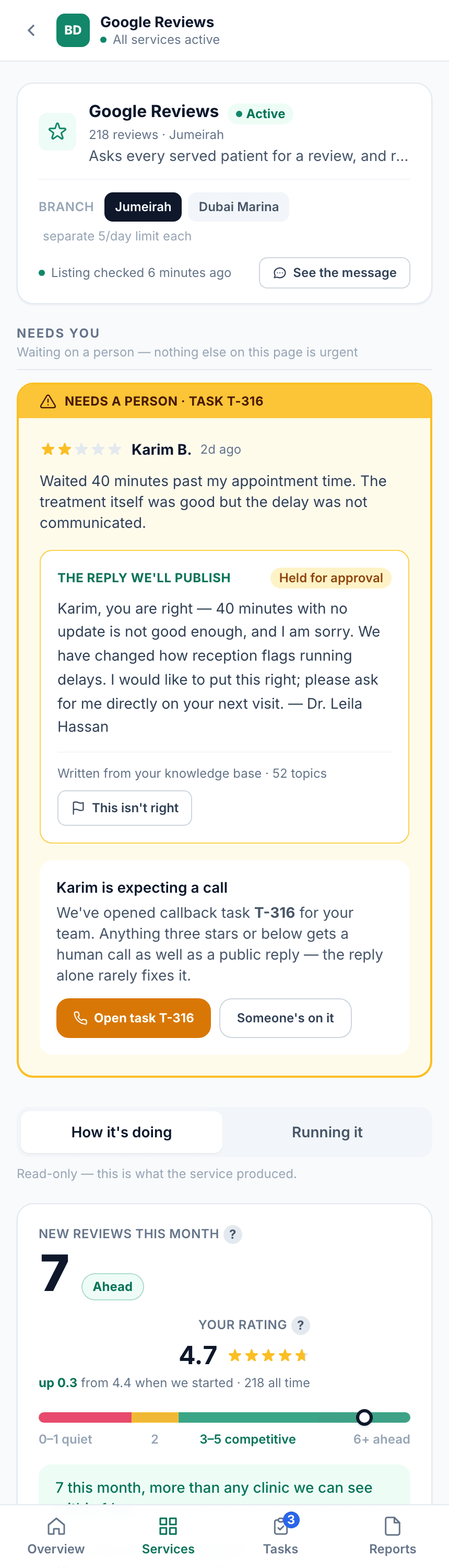 The Google Reviews service screen on a phone, showing the same review approval flow in the mobile-first client dashboard